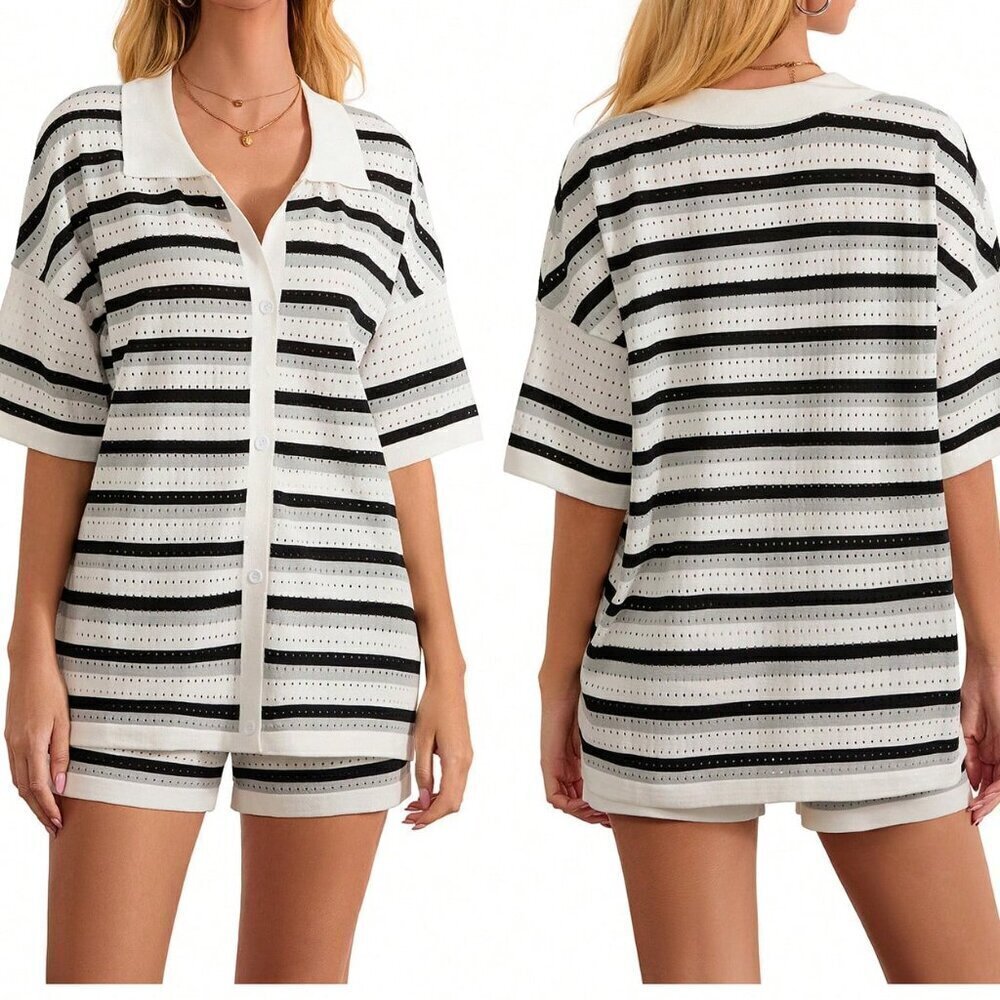 Black Casual Women's Stripe Contrast Button Crochet Knit Tops & Shorts Set